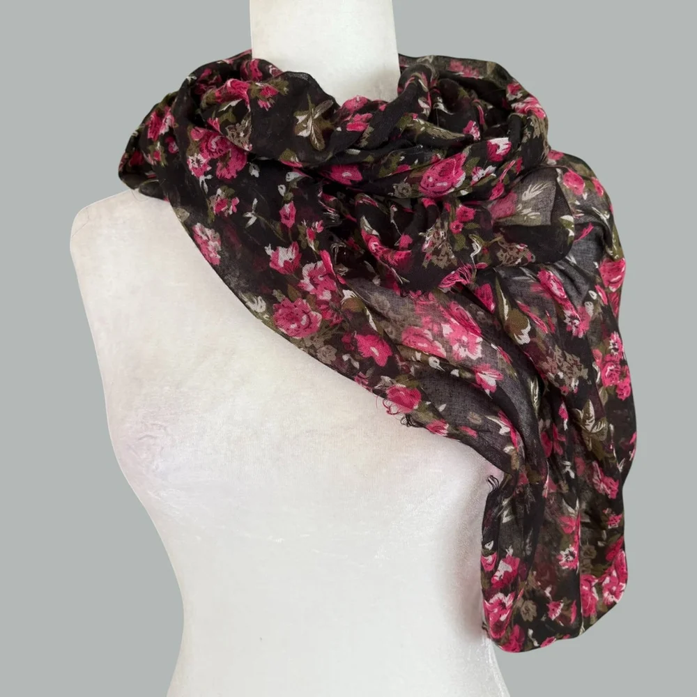 Black Pink Rose Floral Infinity Scarf